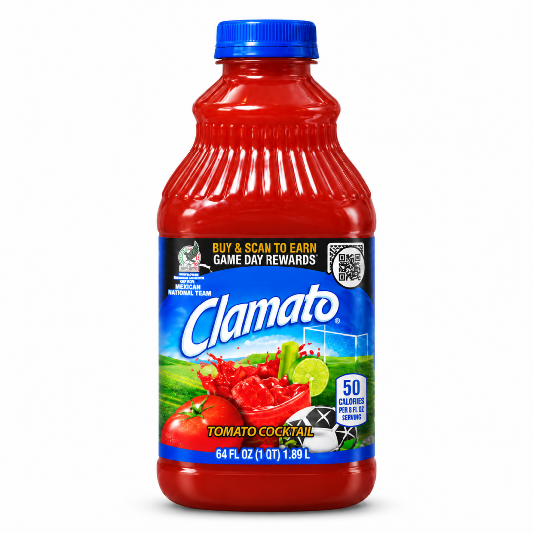 Fľaša Clamato na bielom pozadí
